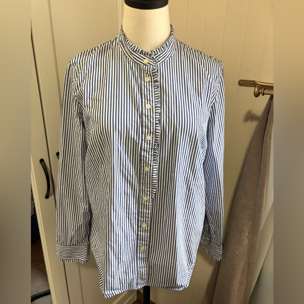 Talbots pinstripe shirt blue and white with ruffle details